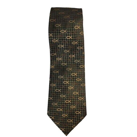 Divinity Series Religious Fish Necktie Tie Olive Green Ichthys Ichthus Hand Made - Picture 2 of 7